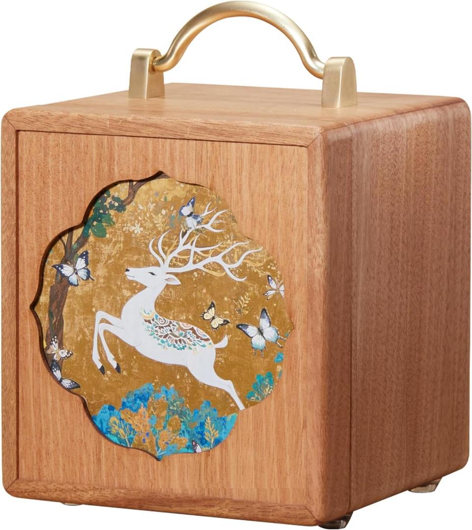 Wooden Jewelry Box for Women 4 Tier Walnut Wooden Jewelry Box with handle (White Deer Print A), 6.3"D x 6.1"W x 6.8"H