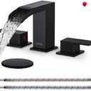 CEINOL Waterfall Bathroom Faucet Matte Black, Bathroom Sink Faucet 3 Hole, Widespread Bathroom Faucet Set with Pop Up Drain and Hose