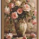 Framed Vintage Pink roses Vase Flower Canvas Wall Art French Country Floral in Canvas Prints Oil Painting Rustic Decor for Bedroom Living Room Dining room gallery Can be hung directly 12x16in