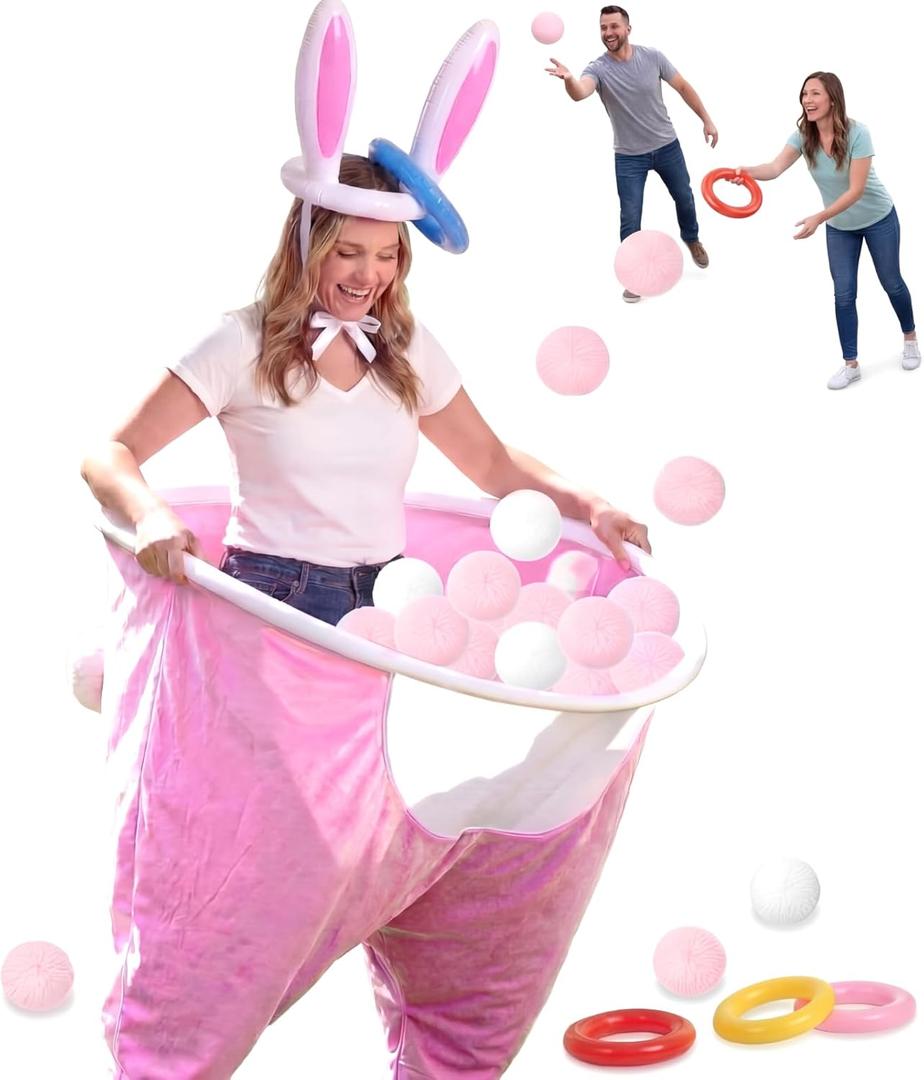 Cuffbow 17 Pcs Easter Bunny Granny Pants Yard Game Sets Granny Pink Pants Ring Toss Poms Inflatable Bunny Ears & Hoops for Adults Easter Family Party Outdoor Activities Lawn Tossing Catching