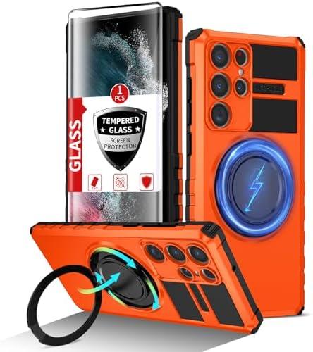 IYTRRYH for Samsung Galaxy S22 Ultra Case Magnetic Compatible Wireless Charging, S22 Ultra Case with 1 Screen Protector, Built-in Kickstand Ring Military Grade Drop Shockproof Heavy Duty Protection Orange