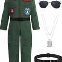Kids Fighter Pilot Costume, Boys Green Tactical Aviator Suit Air Force Jumpsuit with Accessories Halloween Dress Up (13-14Y)