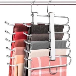 HUITEM Space Saving 6 Tier Pant Hangers, Anti-Slip, Lightweight, Stainless Steel, 2 Pack, White