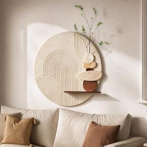Briwooody 3D Textured Neutral Abstract Wall Art Decor with Shelf 24x24 Inch