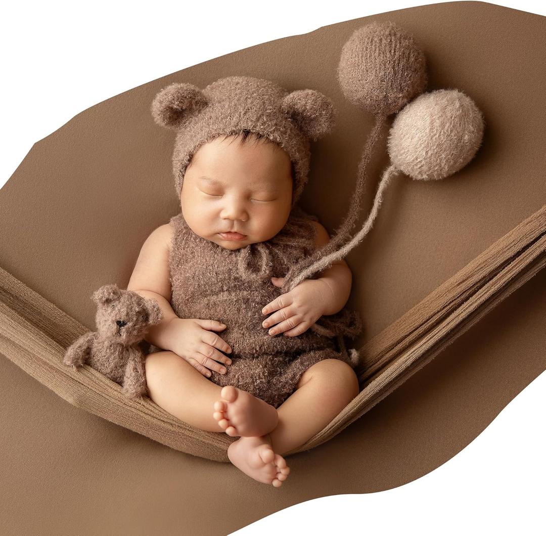 Newborn Photography Outfit Knitted Photo Shoot Outfit, 6 Pcs Newborn Picture Props Bear Doll and Balloon for 6-10 Lbs Baby