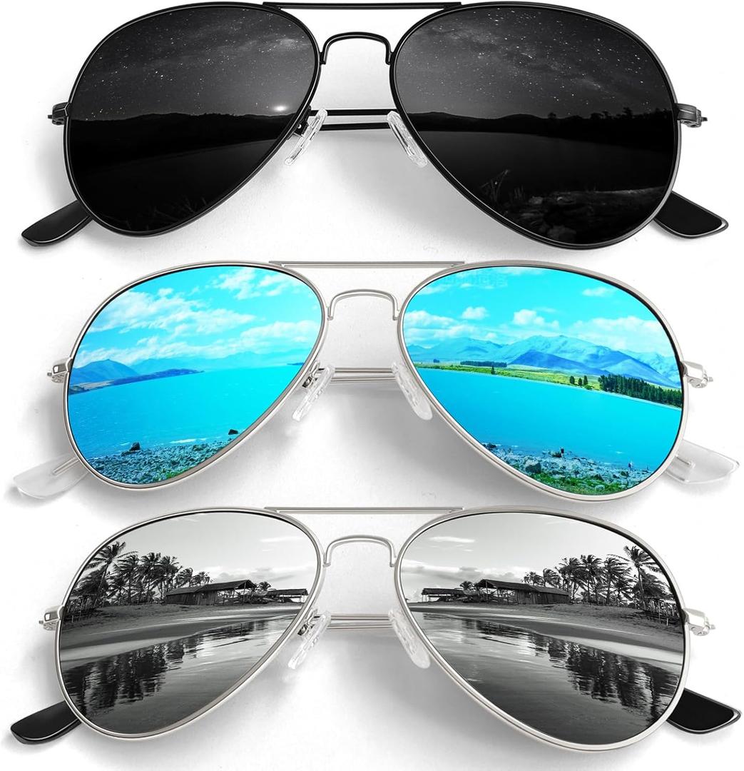 Pilot Sunglasses Men Womens Lightweight Metal Frame Polarized Shades UV400 Protection (Black/ Blue/ Silver)