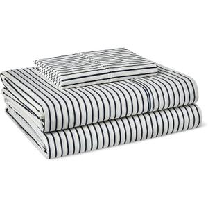 Amazon Basics 100% Organic Cotton Kids' Sheet Set with Pillowcase, Twin, Striped White and Navy
