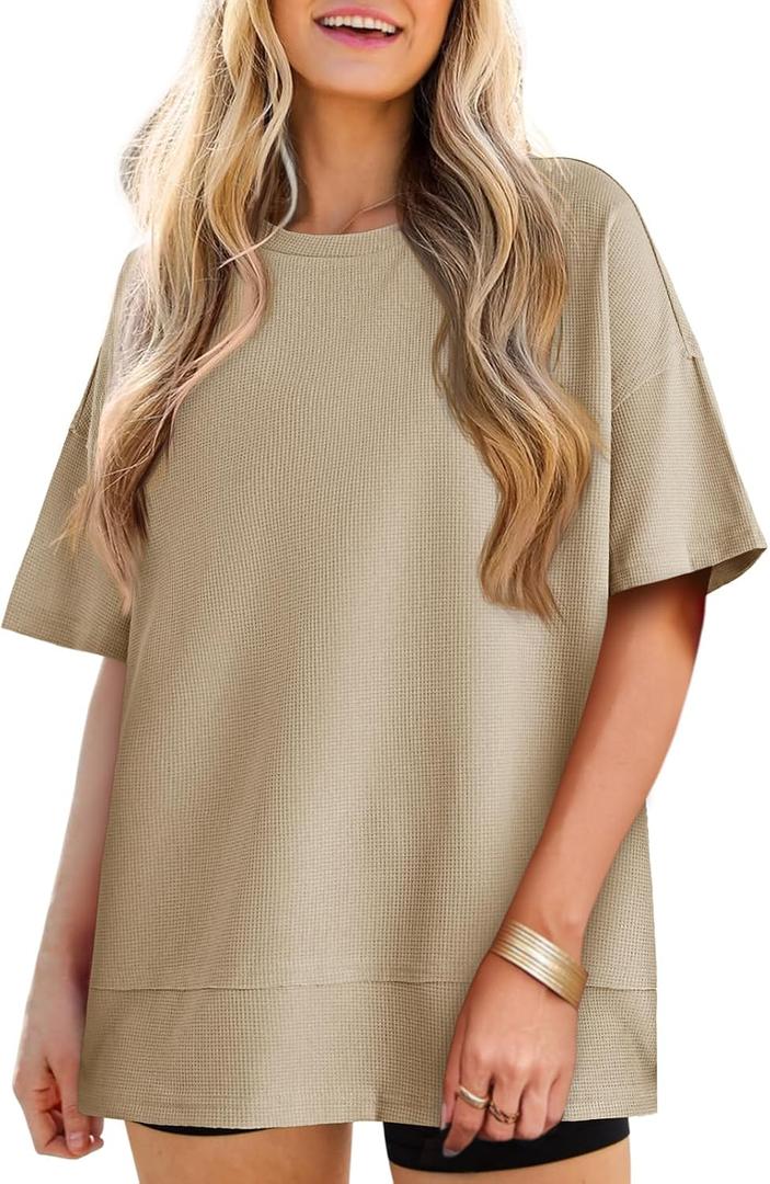 Tankaneo Womens Oversized Tunic Tops Summer Casual Short Sleeve Tshirts | Summer Casual, Short Sleeve, Round Neck, Loose Fit Side Split Waffle Tees (Beige, L)