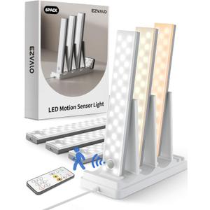 EZVALO 6-Pack Under Cabinet Lighting with Charging Station, Rechargeable Motion Sensor Lights, 3 Color Temps, Dimmable 62 LED Wireless Motion Activated Cabinet Lights with Remote for Kitchen,Pantry