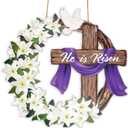2 x He is Risen Easter Decoration, Wooden Wreaths for Front Door Sign Cross Sign Door Wall Signs, Christian Jesus Lily Flowers Hanging Crafts for Spring Home, Easter Religious Gifts for Women, Men