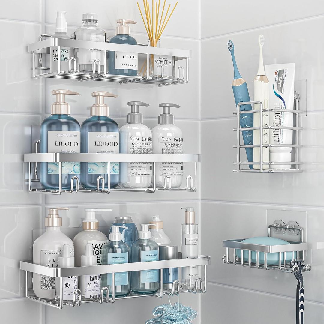 Liuoud 5 Pack Shower Caddy Organizer Rack Shelf for Inside Shower, Self Adhesive Bathroom Wall Storage Basket Rustproof Stainless Steel Large Capacity Shampoo Holder, Silver