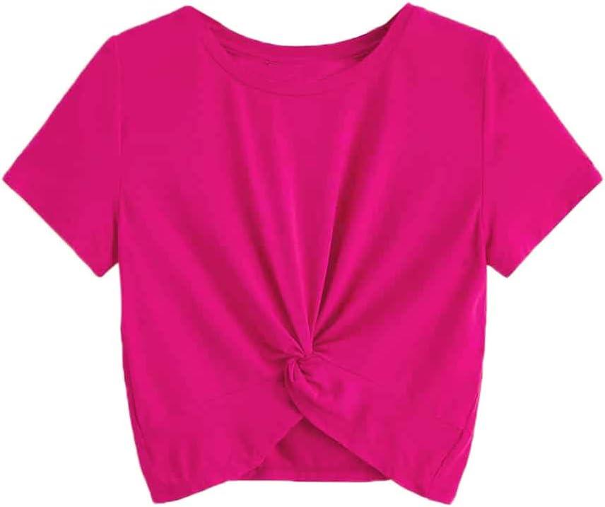 Milumia Girl's Casual Twist Hem Short Sleeve Round Neck Crop Top Tee Shirt (Pink)- 10Y