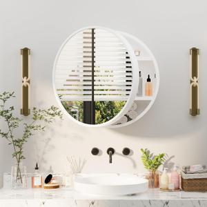 Round Medicine Cabinet Mirror, Bathroom Mirror Wall Cabinet with Storage and Shelf, Surface Wall Mounted,Arched Cabinet Makeup Vanity Mirror for Bedroom, White (Medicine Cabinet-wh)
