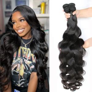 Beauty Queen Body Wave Bundles Human Hair 26 28 30 Inch 10A Grade Weave Bundles Human Hair 100% Unprocessed Brazilian Virgin Remy Hair Natural Black Long Wavy Hair Extensions