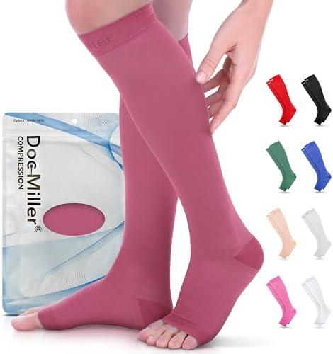 Doc Miller Open Toe Compression Socks for Women & Men 15–20 mmHg, Knee High Calf Support Sleeves, Graduated Stockings for Swelling Recovery, Circulation, 1 Pair