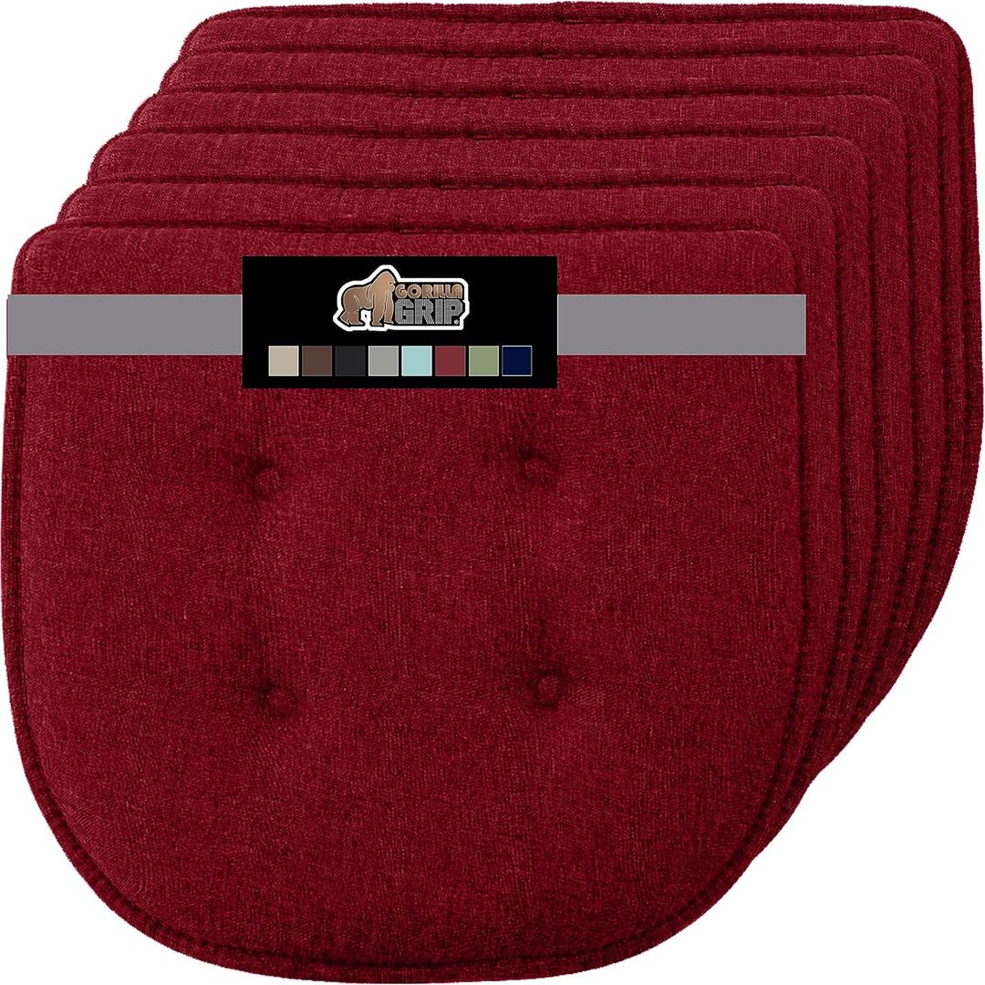GORILLA GRIP Slip Resistant Tufted Chair Cushions, No Ties Required, Set of 6 Memory Foam Pads for Dining Room Kitchen Table, Office, Rocking Chairs, Plush Seat Cushion Pad, Home Decor, 16x17, Red 