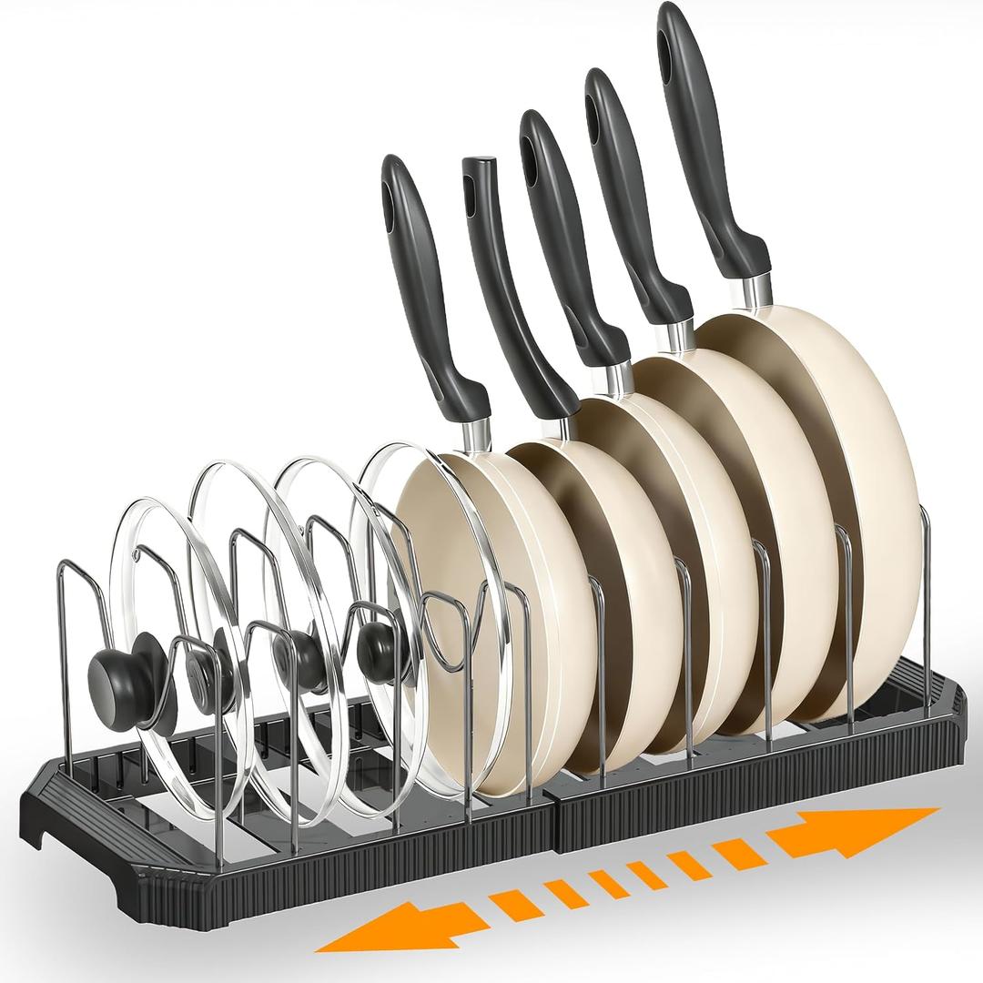 Adjustable Pot Lid Organizer Rack, 9 Compartments Cabinet Storage Holder for Pots, Pans, Lids, Cutting Boards, Bakeware (Black)