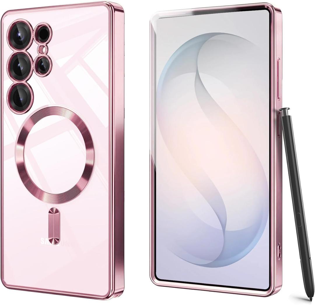 For Samsung Galaxy S26 Ultra Case Clear Magnetic with Full Camera Cover & Privacy Screen Protector, Luxurious Plating Bumper Women Girly Cute Phone Cases Cover for Galaxy S26 Ultra,Pink