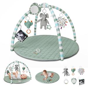 Blissful Diary Baby Play Gym Mat, Play Mat Activity Mat with 6 Detachable Toys for Stage-Based Sensory & Motor Skill Development, Easy to Install & Clean, Baby Essentials Gift, Sage Green