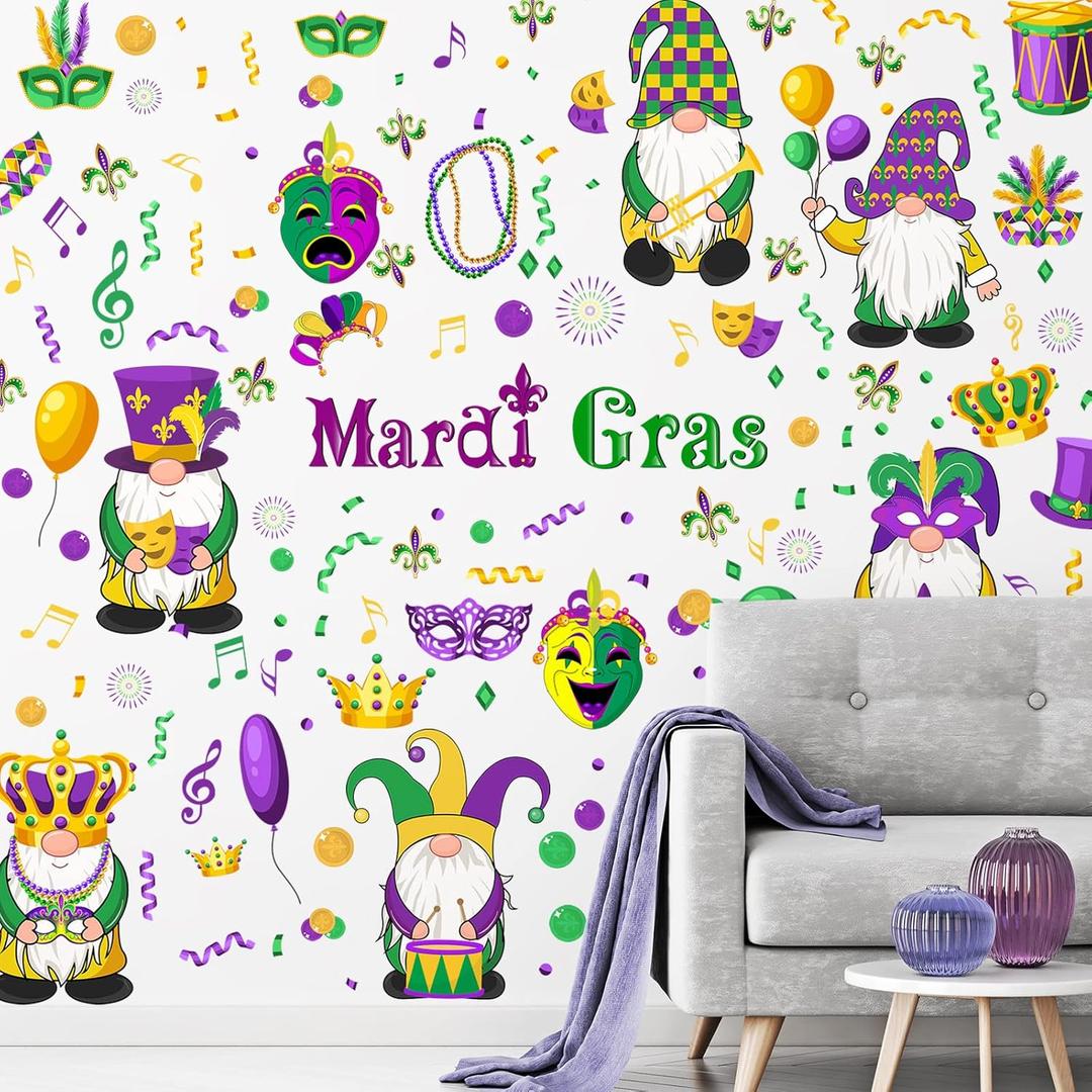 Capoda 135 Pieces Mardi Gras Wall Stickers, 6 Sheets Mardi Gras Wall Decorations Gnome Mask Stickers Decals Classroom Wall Clings for Wall Glass Car Mardi Gras Party Carnival Masquerade Decoration