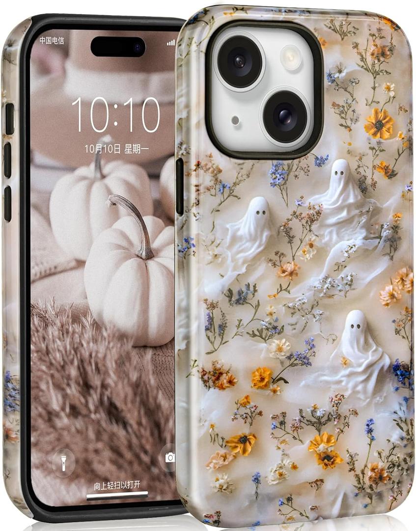 Mainrenka Halloween Skull Cases for iPhone 15, Cute Kawaii Aesthetic Trendy Stylish Floral Ghost Phone Cover Protective Shockproof Phone Case