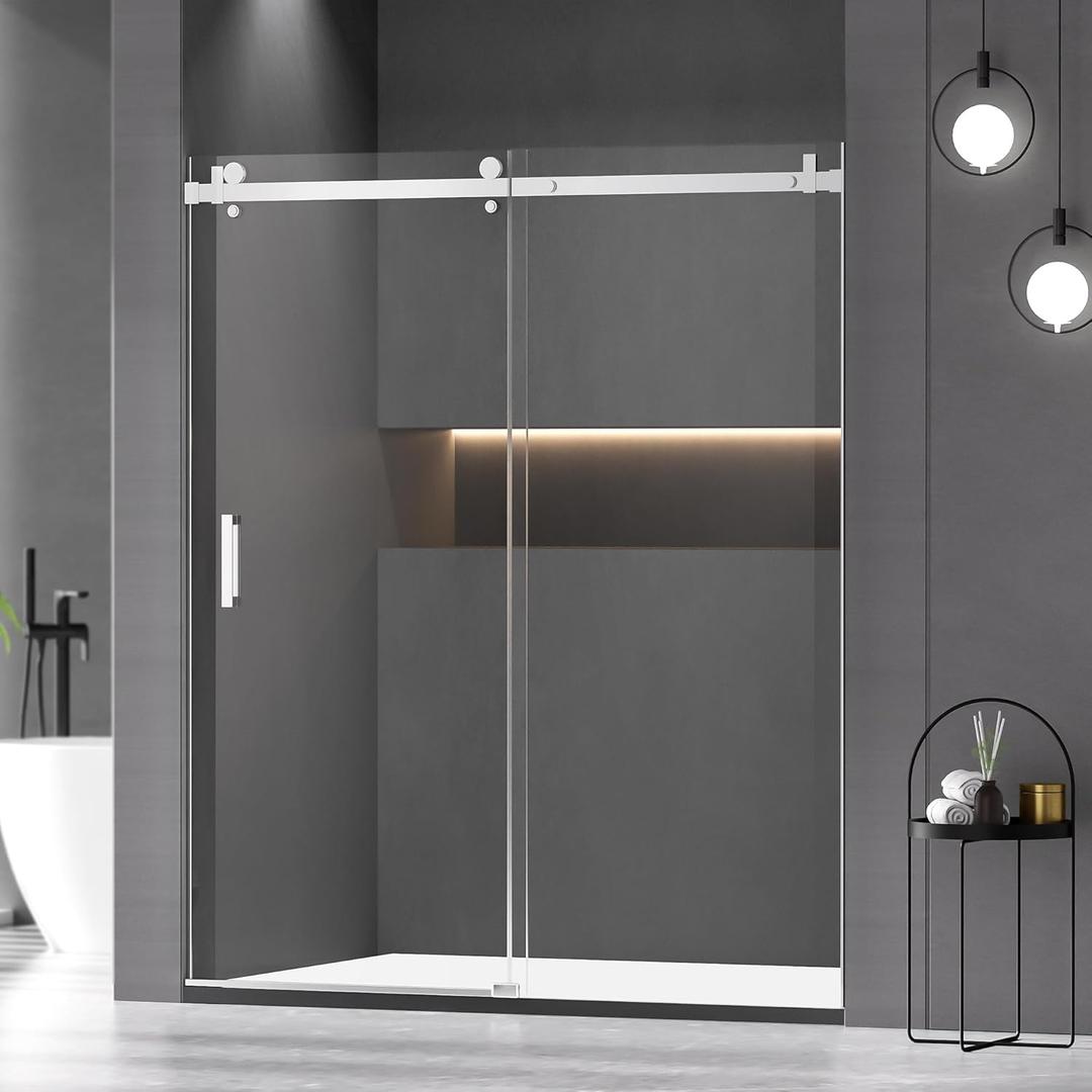 56-60" W x 72" H Shower Door,Frameless Sliding Shower Door with 1 Handle,Shower Glass Door with 5/16" (8mm) Clear SGCC Tempered Glass, Stainless Steel Hardware (Bright)