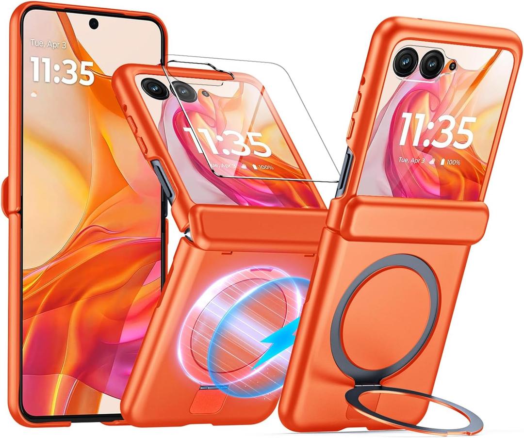 CENMASO for Motorola Razr+ Plus 2025 Case/Razr + Plus 2024 Case with Hinge Protection & Built-in Screen Protector & Magnetic Ring Stand, Slim Rugged Shockproof Phone Case for Razr + 2025/2024-Orange