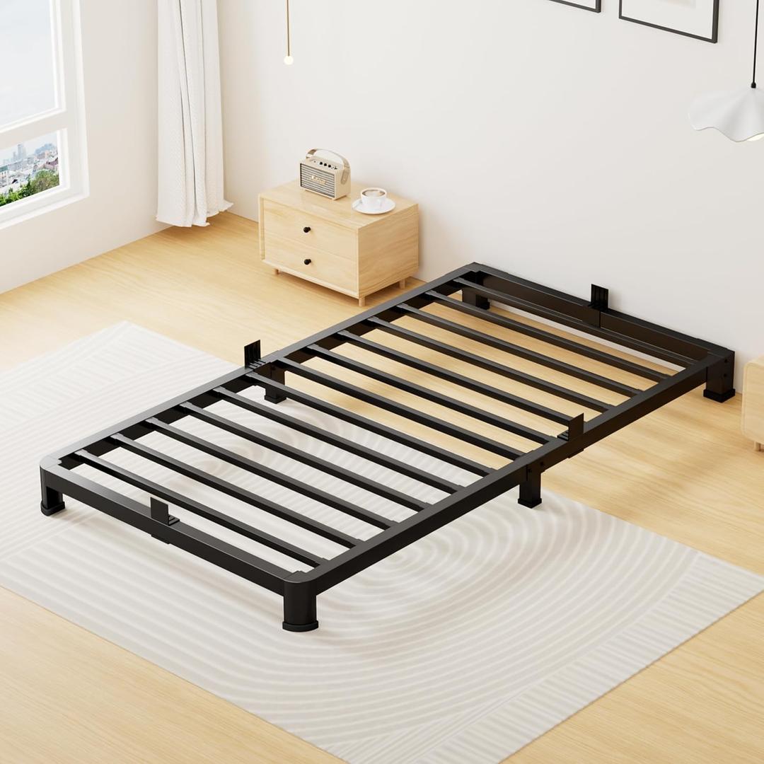 Superay 4 Inch Twin Bed Frame Low Profile, Heavy Duty Metal Platform Bed Frame with Round Corner Legs, Sturdy Mattress Foundation, No Box Spring Needed, Easy Assembly, Noise Free, Black