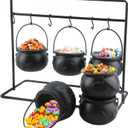 6 Pack Small Halloween Witch Cauldron Candy Bowl Plastic Black Cauldron Serving Bowls with Halloween Cauldron On Rack and 6 Pack Hook for Halloweens Party Decoration