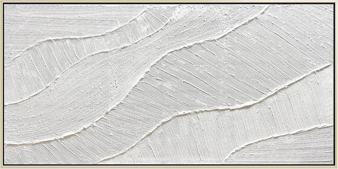 GeekMacro White Hand Painted Abstract Oil Painting Textured Wall Art - Large Framed 58x29 Minimalist Artwork Living Room Bedroom Horizontal Wall Decor