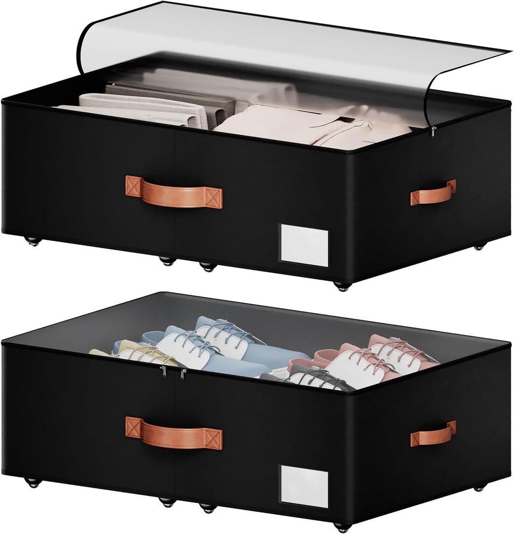 Underbed Storage With Wheels,Large Capacity 10 inches Height Storage Bins,Rolling Underbed Shoe Storage Containers,Underbed Storage Drawers for clothes & blankets (black, 10inch height)