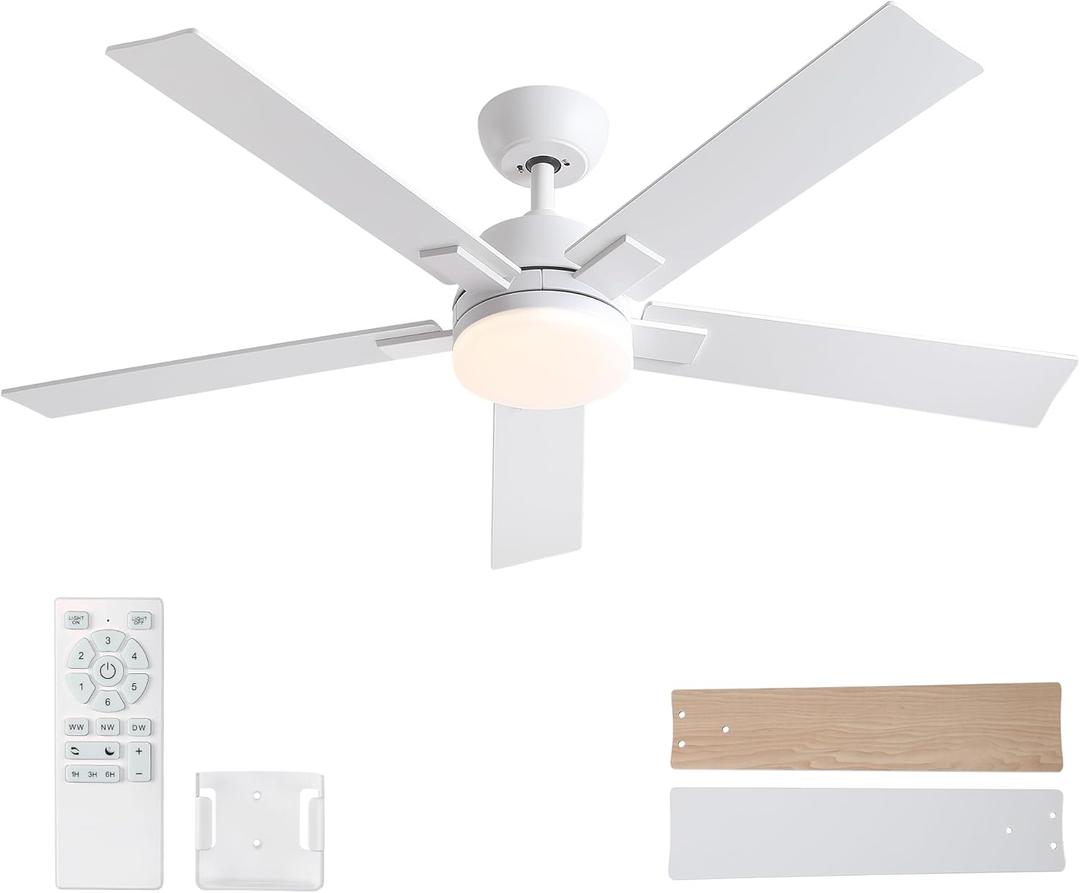 Rayqueen 52 Inch Ceiling Fans with Lights and Remote, White Ceiling Fan with 5 Blades, 6 Speed Reversible DC Motor, 3CCT Dimmable LED, Modern Design for Bedroom, Living room & Covered Outdoor, Includes Downrod