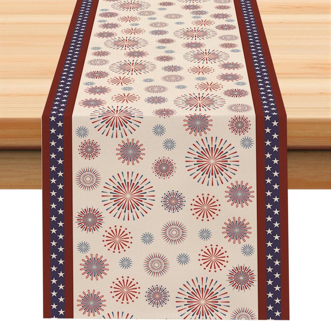 Larponder Patriotic 4th of July Table Runner, Red Blue Fireworks | America Memorial Day Independence Day for Home Kitchen Holiday Party Table Decora (13x72 Inch)