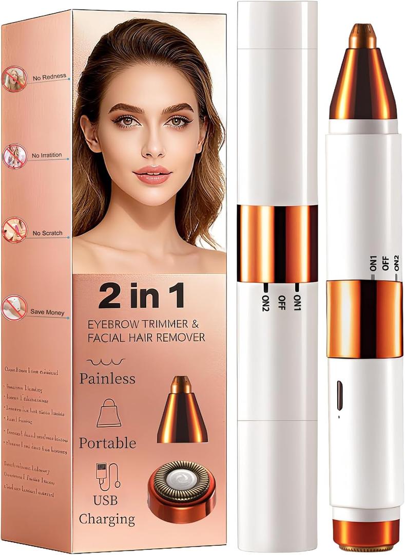 2-in-1 Painless Eyebrow Trimmer & Flawless Facial Hair Remover for Women - Gentle Dual Head Design for Brows, Lip, Chin, Cheeks - Rechargeable Type-C(White)