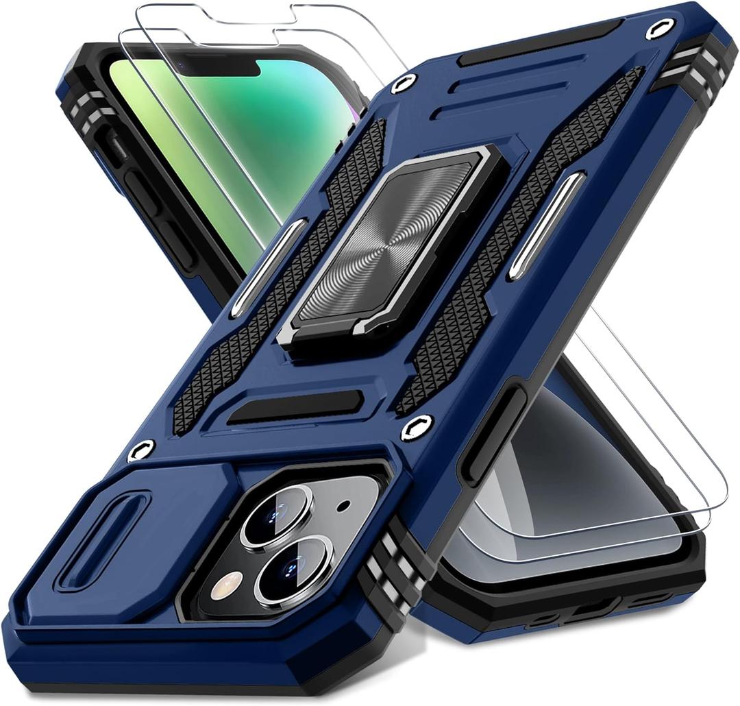 DEERLAMN Case for iPhone 13/iPhone 14 6.1-Inch with Slide Camera Cover+Screen Protector(2 Packs),Rotated Ring Kickstand Military Grade Shockproof Protective Cover-Navy Blue