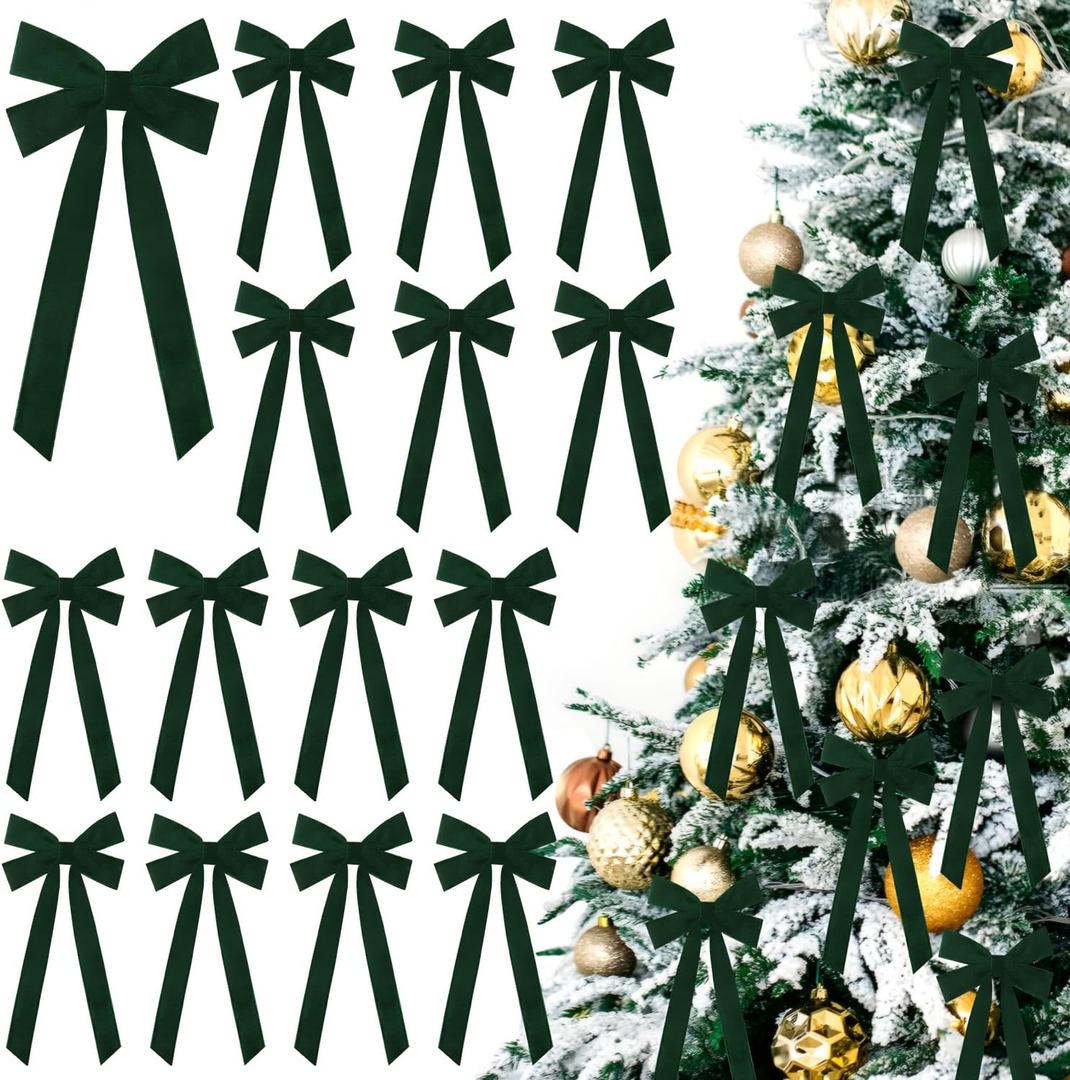 JOICEE 15Pcs Christmas Velvet Bows, 5in x 12in Christmas Tree Bows Rustic Crafts Gift Wrapping Bows Xmas Ornaments for Wreath Garland Tree Decorations Indoor Outdoor Holiday Decor(Green)