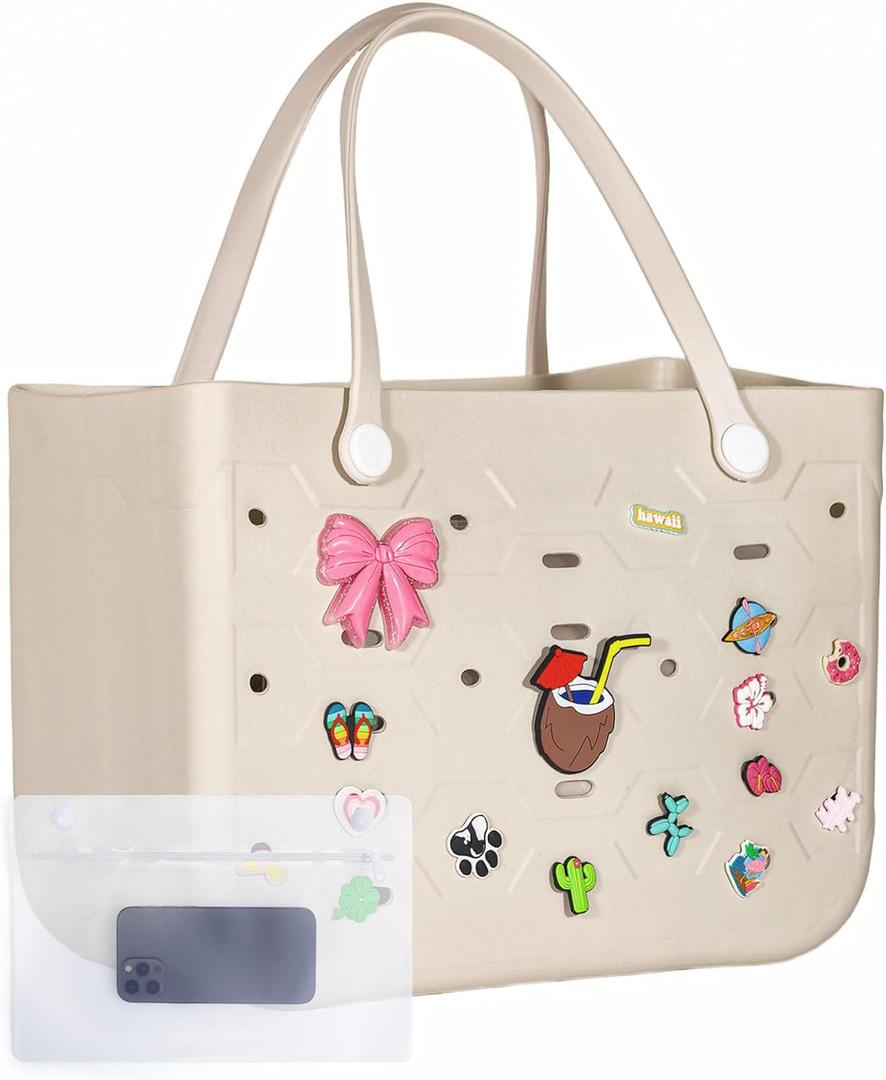 Rubber Beach Tote, Sturdy Stand-Up EVA Pool Bag with Charms & Wet Pocket, Waterproof Travel Organizer