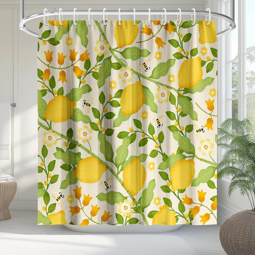 KAIRA Fresh Lemon Shower Curtain with Hooks  72" x 72" Waterproof Fabric Bathroom Curtain, Quick-Drying Easy Clean Fruit & Green Leaves Design