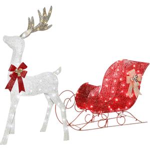 Lighted Christmas Decorations Reindeer & Sleigh 2 Pcs, HOYECHI Light up Christmas Decor Deer Set for Indoor Home Outdoor Front Yard Porch with LED Lights, Plug, Ground Stakes - White