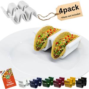 HolaTasty Taco Holders Set of 4 Ceramic, Dual Taco Stand for Dinner Plate - Compact Taco Rack 2-Slot for Hard Shell Tacos, Tuesday Taco Server Mini Taco Holder, Taco Heater for Microwave Oven, White
