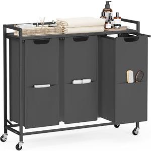 VASAGLE Laundry Sorter, 43.5 Gal. (165 L) Laundry Hamper Basket with 3 Compartments, Rolling Cart with Wheels, Shelf, Removable Bags, Pockets, Slate Gray and Charcoal Gray UBLH031G01