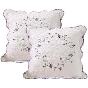vctops Set of 2 Cotton Quilted Embroidered Decorative Square Throw Pillow Covers with Scalloped Floral Soft Cushion Case for Couch Sofa Bed (Flower F,18"x18")