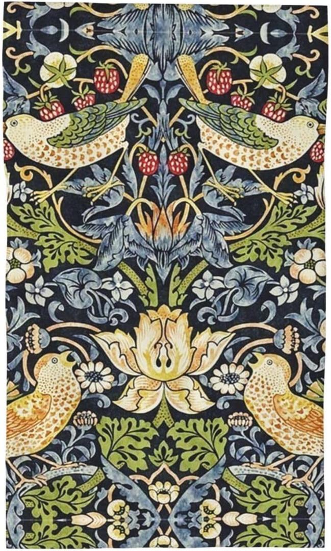 William Morris Art Kitchen Hand Towel, Green/Yellow Strawberry Thief Art Bathroom Bath Towel, Vintage Floral Bird Flower Leaf Absorbent Soft Dish Fingertip Towels for Hotel Swim Spa Gym Sports