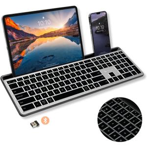 X9 Full Size Bluetooth Keyboard with Phone Holder - Backlit Wireless Keyboard, Switch Multi Device, Quiet, Slim, Rechargeable, w/Copilot for iPhone, Tablet, PC, Mac, iPad, MacBook, iOS, Android - Gray