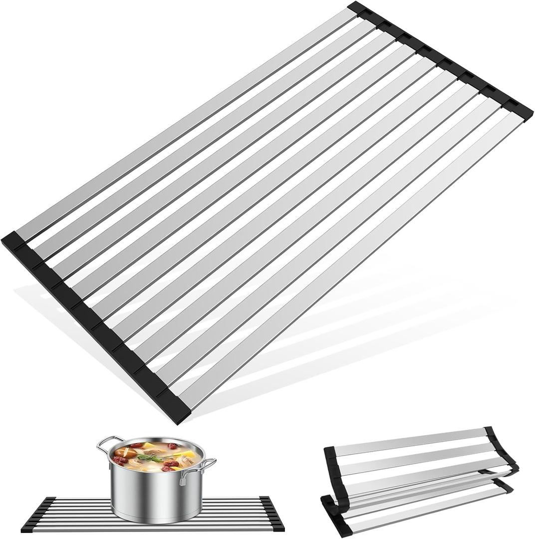23.6" x 12.8" Roll-Up Dish Drying Rack Over Sink - Kitchen Sink Cover and Organizer Gadget with Foldable Stainless Steel Drainer and Sink Mat, Silver Dish Rack - Large
