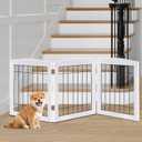 LZRS 3-Panel Freestanding Foldable Wooden Dog Gate –Solid Wood & Steel Wire Chew-Resistant Indoor Safety Pet Fence for Doorways & Stairs, Ideal for Small to Medium Dogs & Puppies, Oak Walnut, White