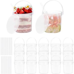 15 Pack Plastic Buckets for Drinks, 32 OZ Cocktail Buckets Reusable Smoothie Bucket with Lid and Straw, 1Liter Large Ice Cream Pails for Halloween Football Parties Bar Beer