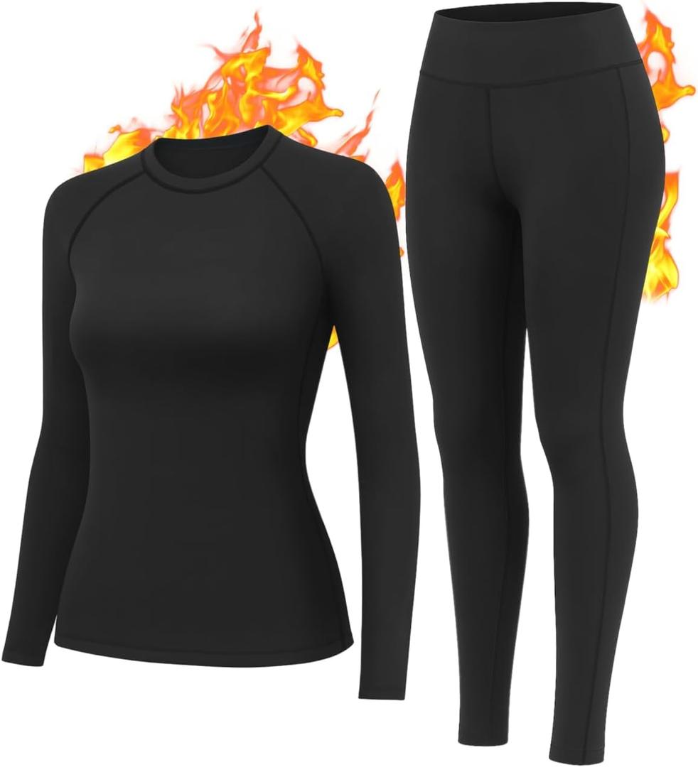 HiZiTi Thermal Underwear for Women Long Johns Set Fleece Lined Warm Base Layer Long Sleeve for Weather Top Bottom Winter (Black), Size: M