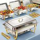 POWERFUEL Chafing Dishes for Buffet, 4 Pack 9QT Large Full Size Gold Chafing Dish Set, Rectangular Chafing Pans with 4 Gold Tongs, Stainless Steel Food Warmer for Party, Catering, Wedding