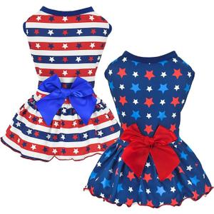 2-Pack 4th of July Dog Dress Independence Day Puppy Cat Dresses USA Flag Pet Clothes Costume Dog Stripes Stars Outfits Skirts for Small Medium Dogs S
